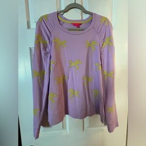 Lilly Pulitzer Aldean Sweatshirt Womens L Lavender with Yellow Palm Trees. NWOT